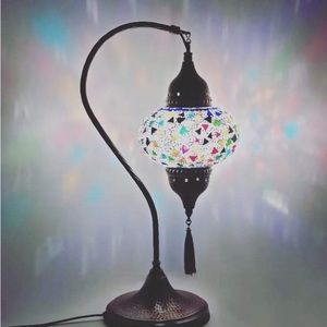 Turkish Morrocan Tiffany Mosaic Style Table Lamp with Hammered Bronze